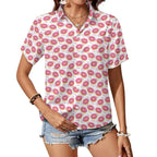 Pink Donuts Women's Short-Sleeve Button Up Shirt white Women's Short-Sleeve Button Up Shirt Food Printed Offshore