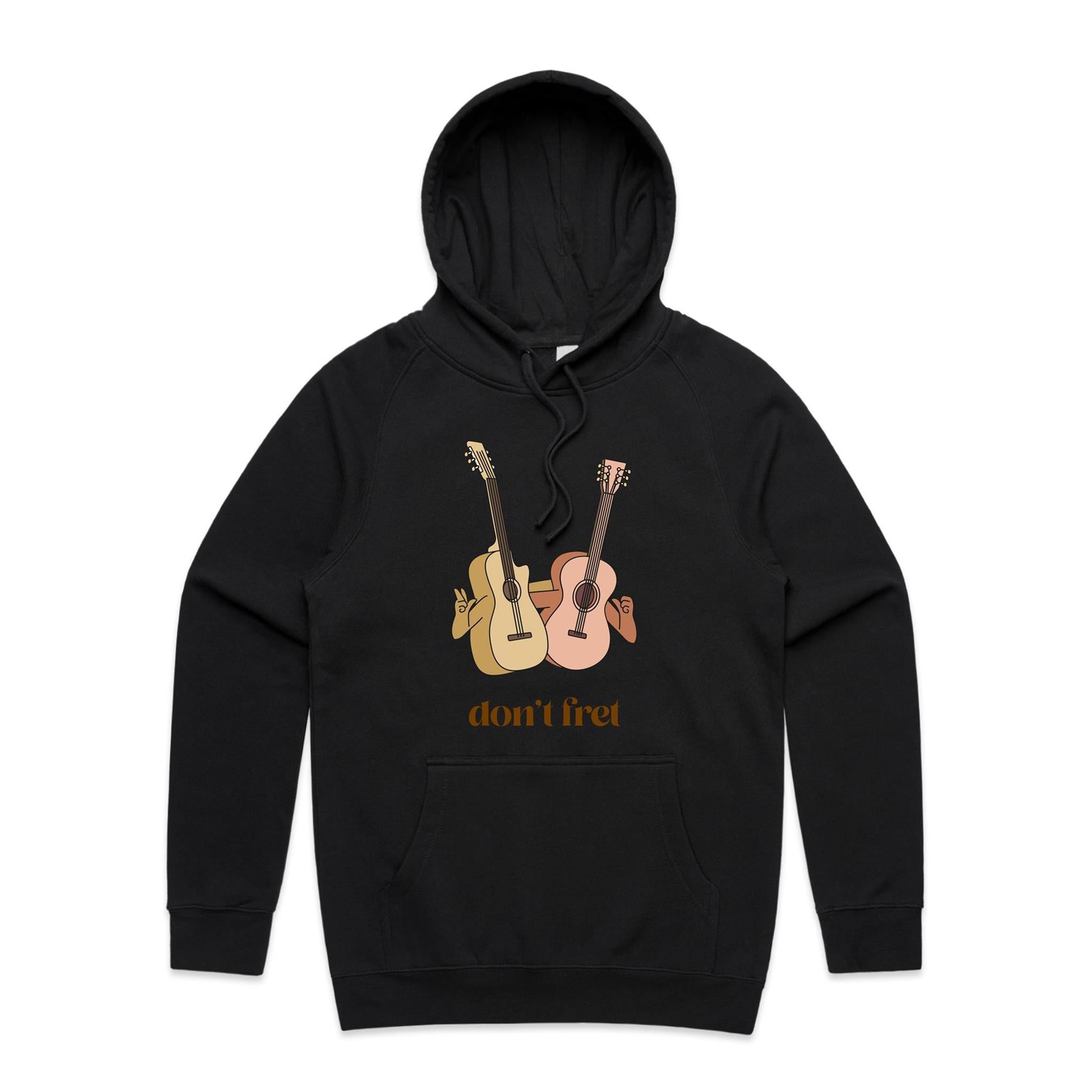Guitars, Don't Fret - Mens Hoodie Black Mens Hoodie Music Printed In Australia