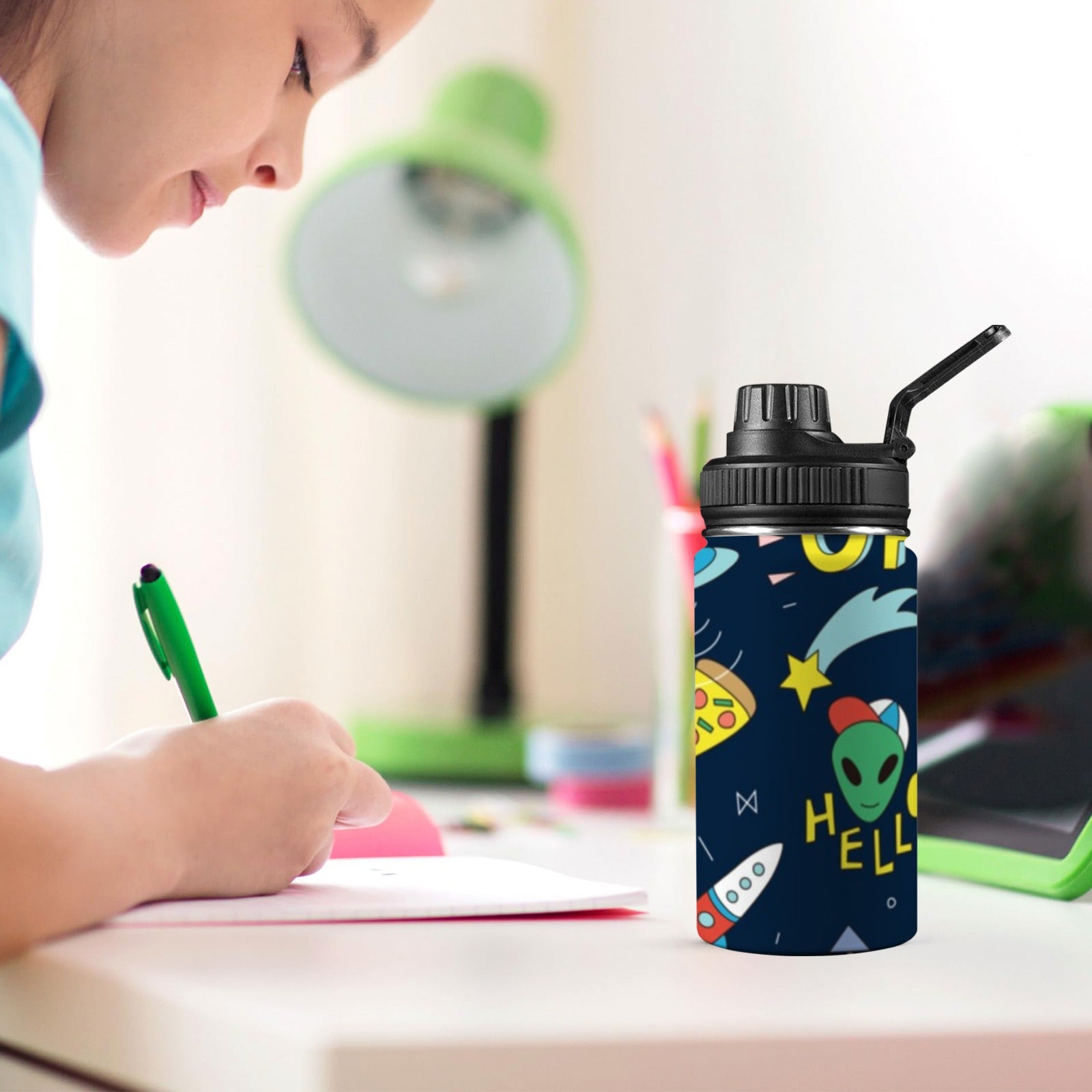 Hello Alien Kids Water Bottle with Chug Lid (12 oz) Kids Water Bottle with Chug Lid Printed Offshore Sci Fi