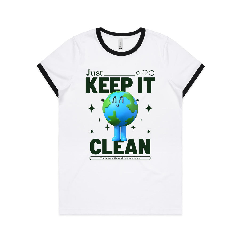 Earth, Just Keep It Clean - Women's Ringer Tee White Black Womens Ringer T-shirt Environment Printed In Australia
