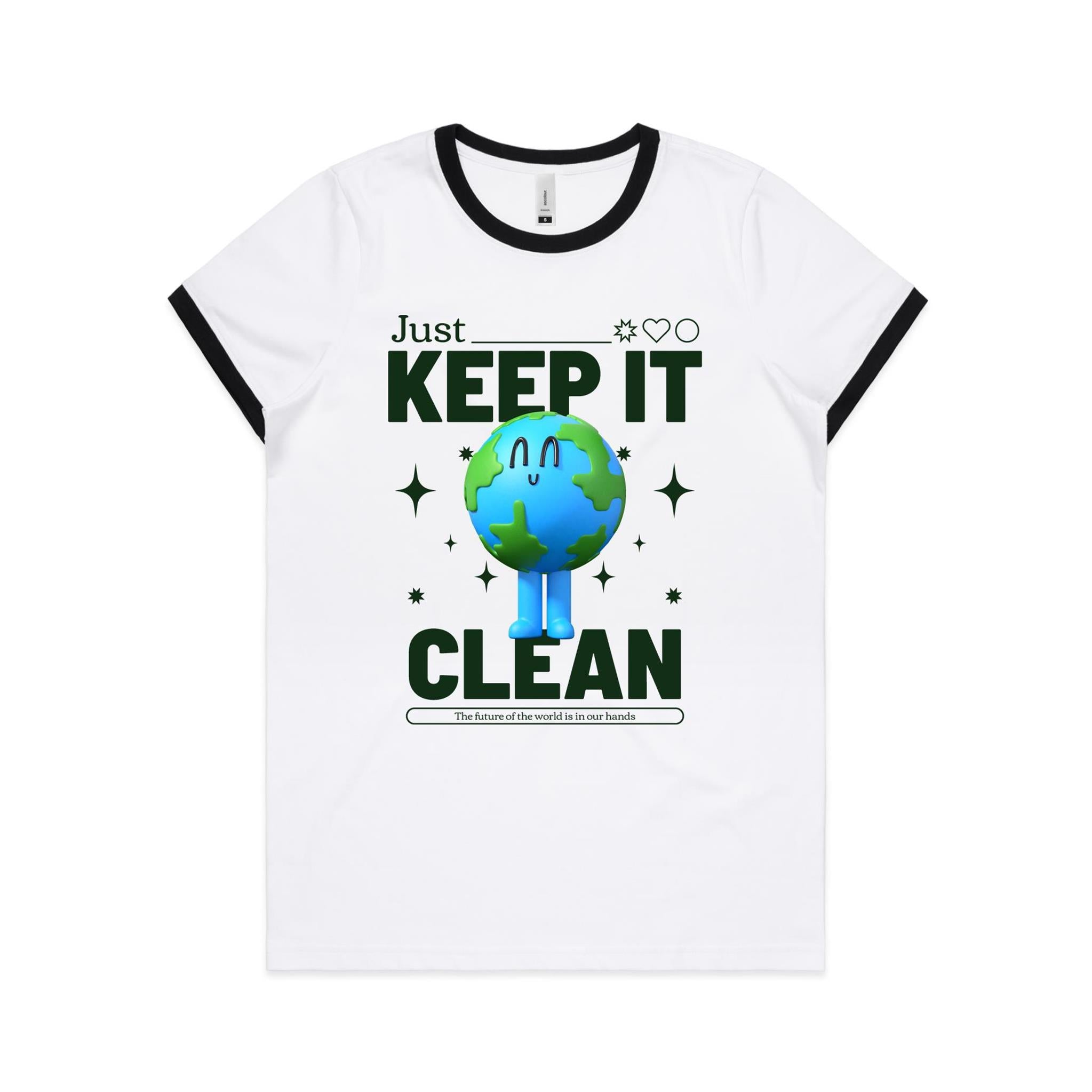 Earth, Just Keep It Clean - Women's Ringer Tee White Black Womens Ringer T-shirt Environment Printed In Australia