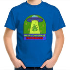 Merry Christmas Earthlings, UFO - Kids Youth T-Shirt Bright Royal Kids Christmas T-shirt Christmas Printed In Australia