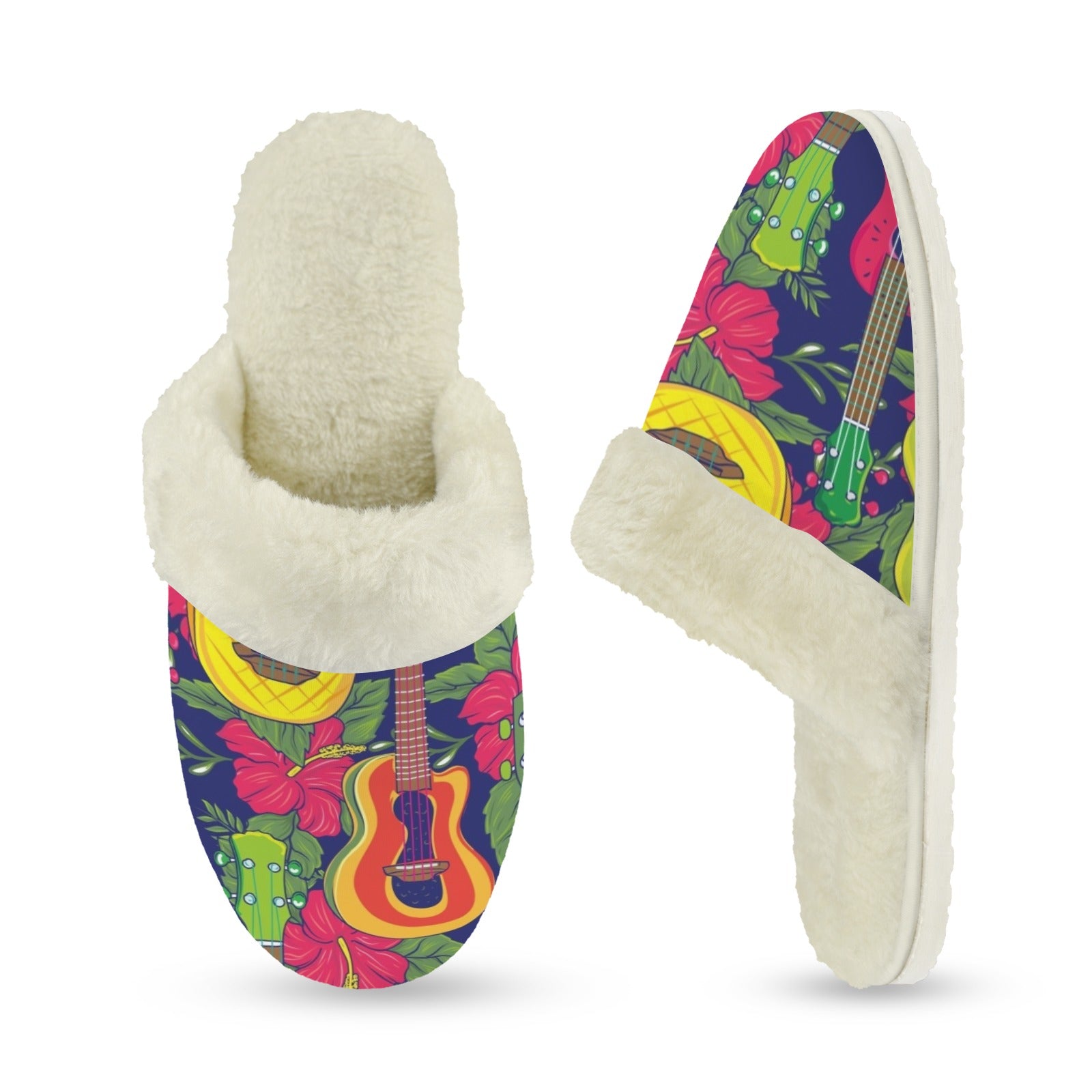 Colourful Ukulele Women's Fur Trim Thick-Sole Indoor Slippers Women's Fur Trimmed Slippers Music Printed Offshore