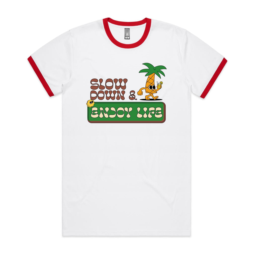 Slow Down And Enjoy Life - Staple Ringer Tee White Red Ringer T-Shirt Positivity Printed In Australia