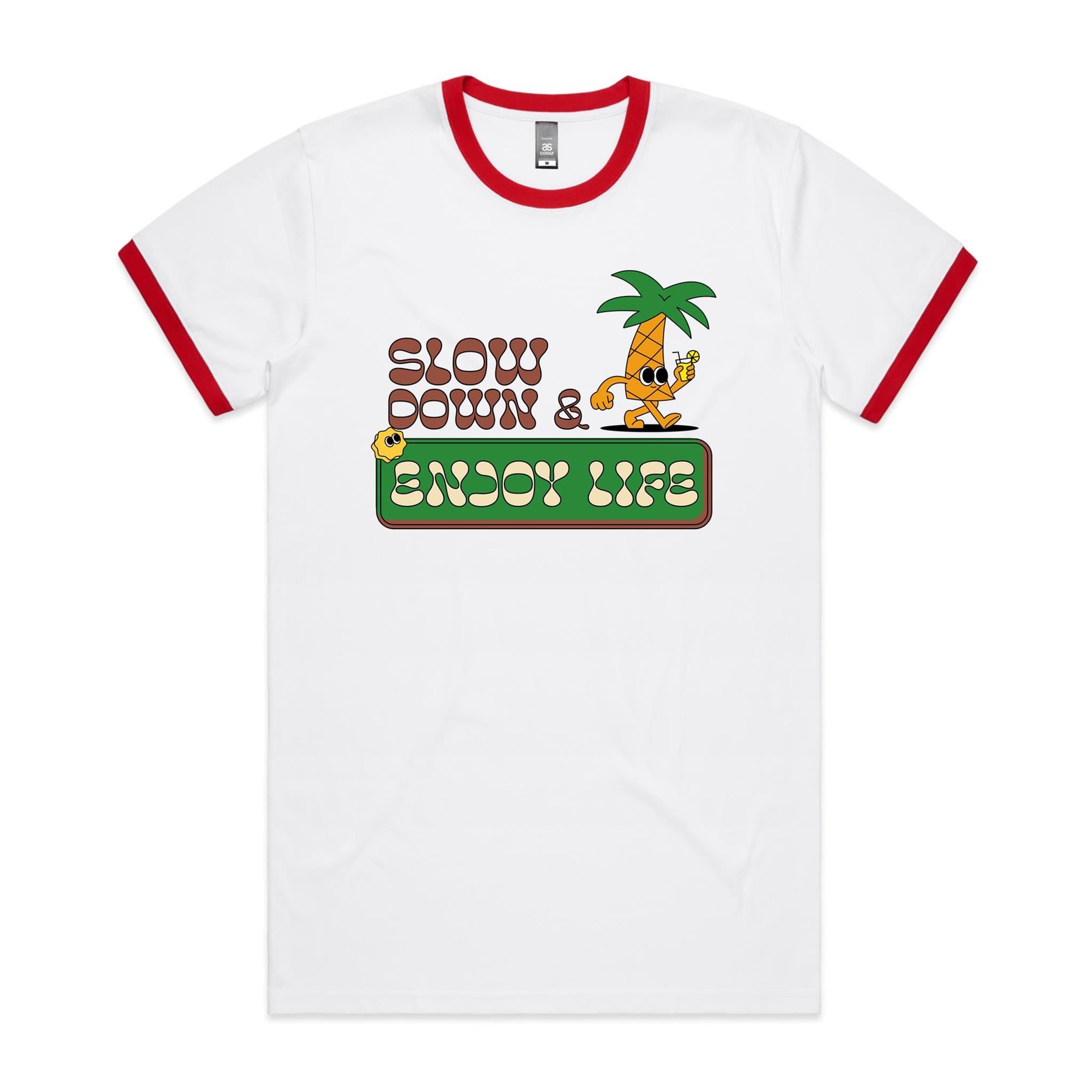 Slow Down And Enjoy Life - Staple Ringer Tee White Red Ringer T-Shirt Positivity Printed In Australia