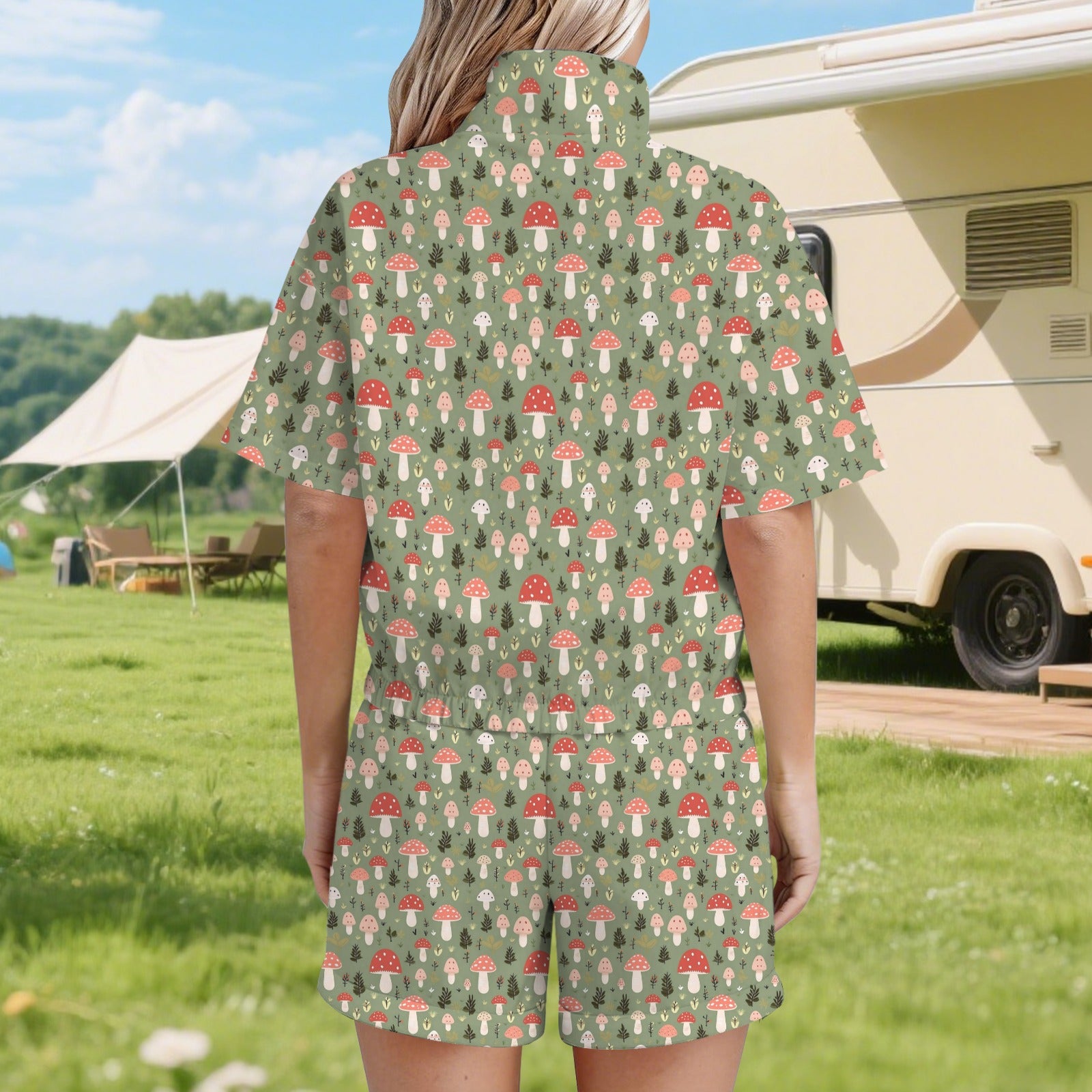 Mushroom Garden Women's Windbreaker Short Set Women's Windbreaker Short Set Plants Printed Offshore