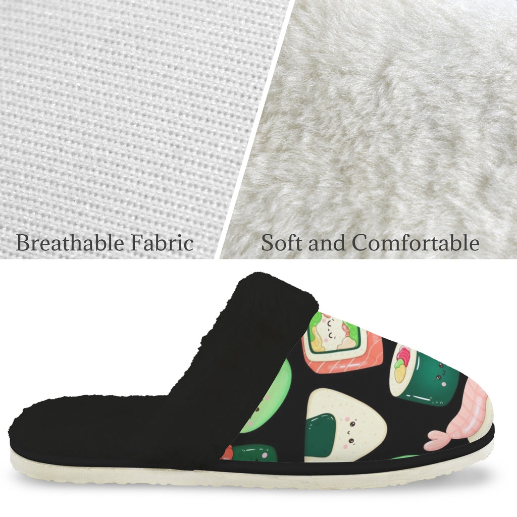 Happy Sushi Men's Fur Trim Thick-Sole Indoor Slippers Men's Fur Trimmed Slippers Food Printed Offshore