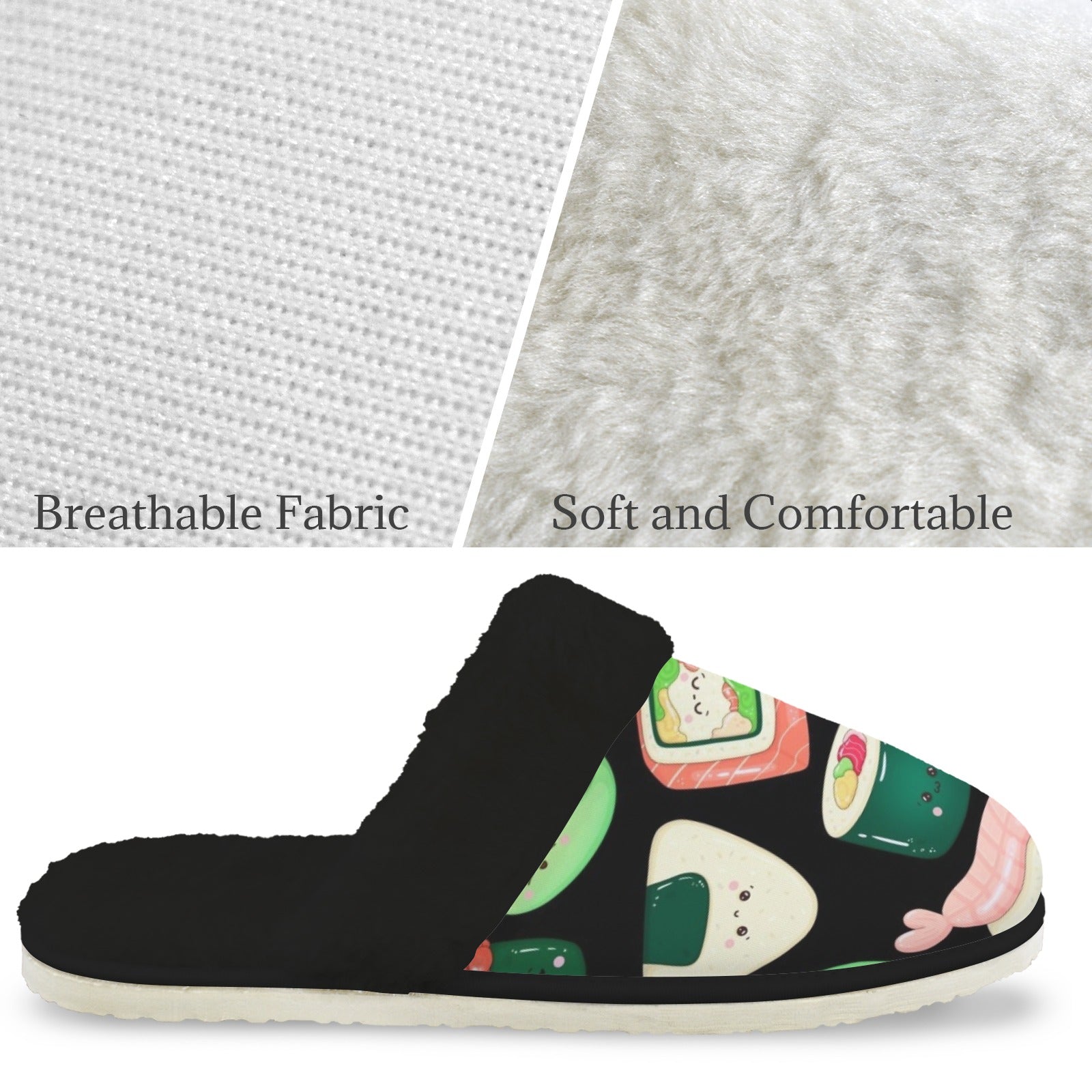 Happy Sushi Men's Fur Trim Thick-Sole Indoor Slippers Men's Fur Trimmed Slippers Food Printed Offshore