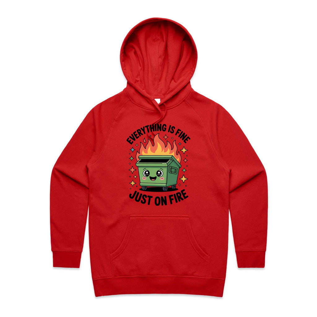 Skip Bin, Dumpster Fire Women's AS Colour Hoodie Red Womens Hoodie Printed In Australia