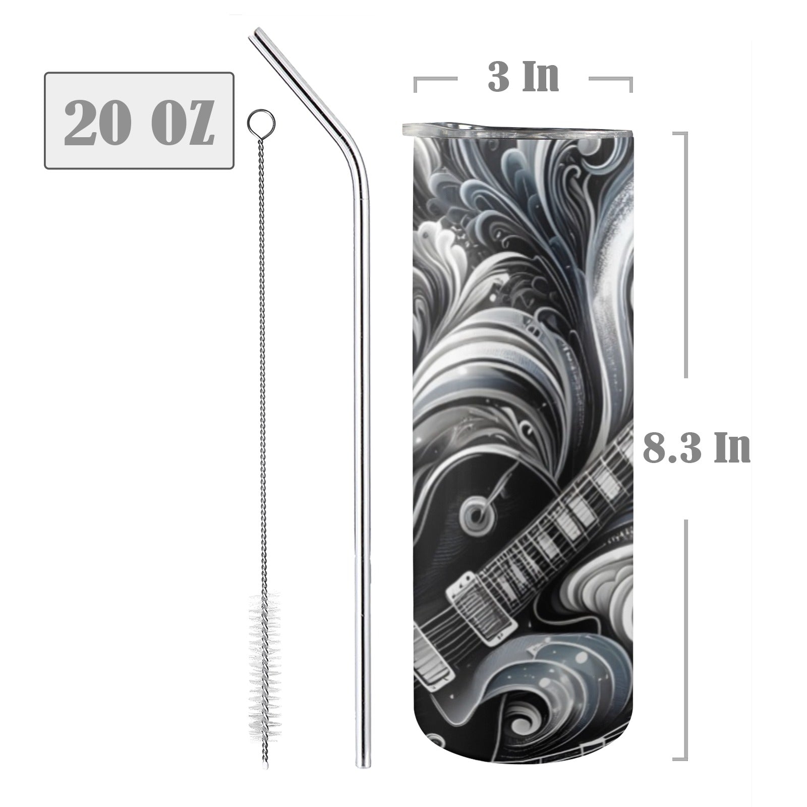 Guitar Black Swirl - 20oz Tall Skinny Tumbler with Lid and Straw