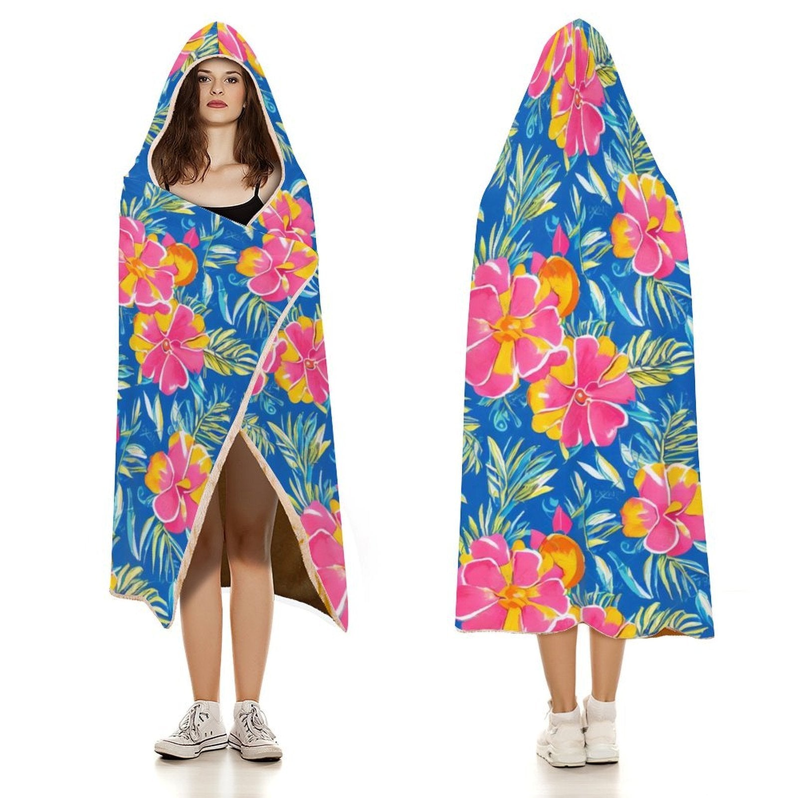 Tropical Flower in Blue And Pink Kids Hooded Blanket 100cm x 130cm Kids Hooded Blanket Plants Printed Offshore