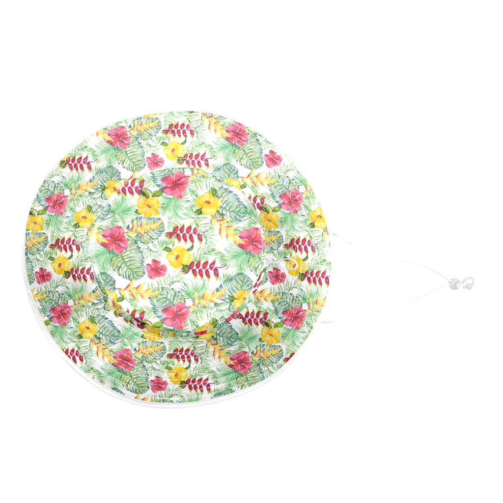 Tropical Flowers On White Wide Brim Bucket Hat Wide Brim Bucket Hat Plants Printed Offshore