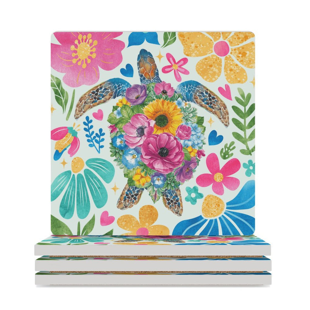 Boho Turtle - Ceramic Coasters (Square) white Ceramic Coasters Ocean Printed Offshore