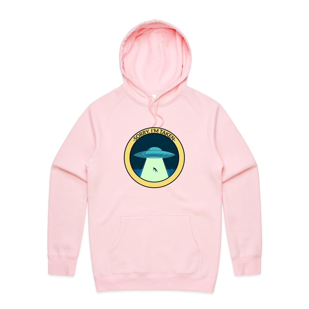 UFO Alien Abduction, Sorry I'm Taken - Mens Hoodie Pink Mens Hoodie Printed In Australia Sci Fi
