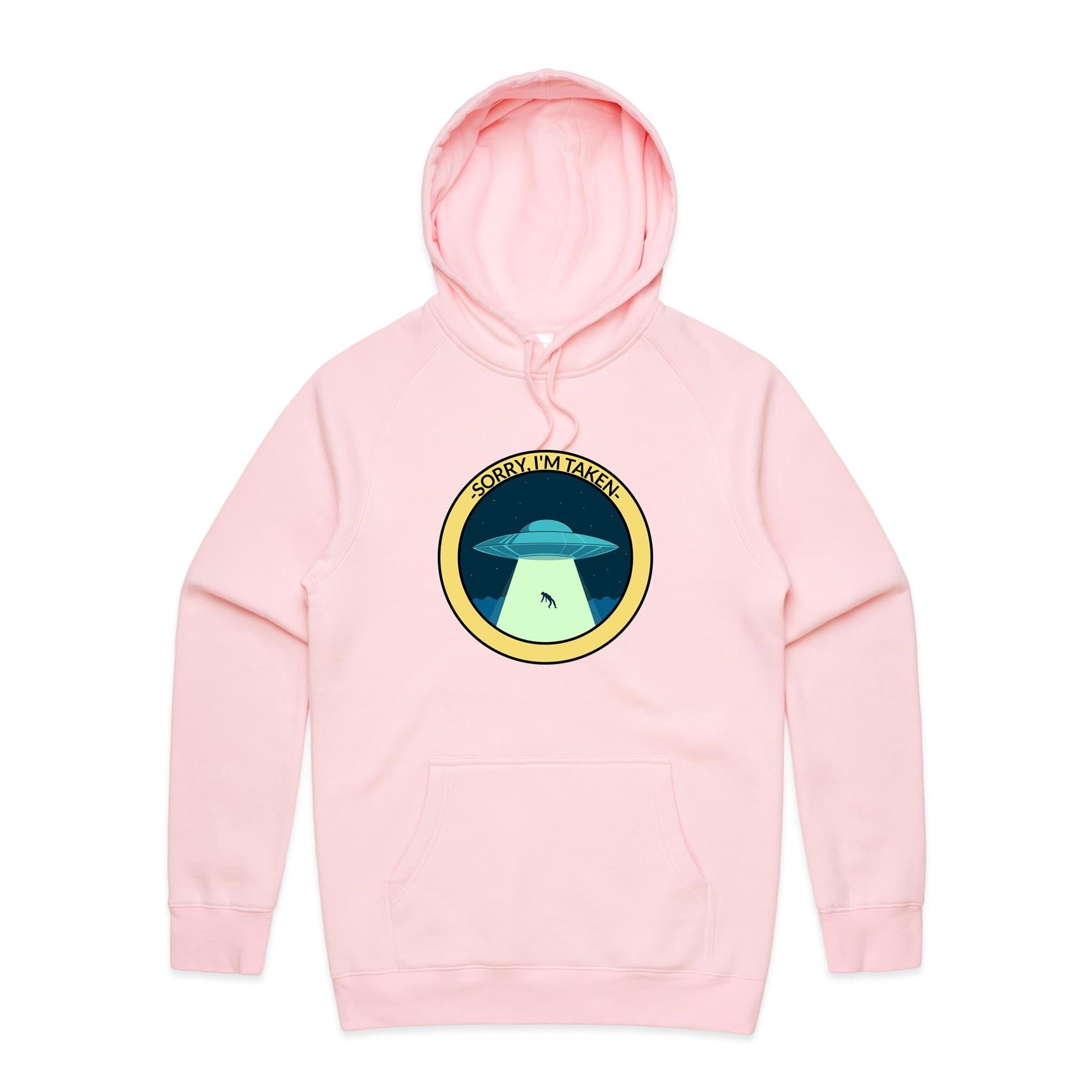 UFO Alien Abduction, Sorry I'm Taken - Mens Hoodie Pink Mens Hoodie Printed In Australia Sci Fi