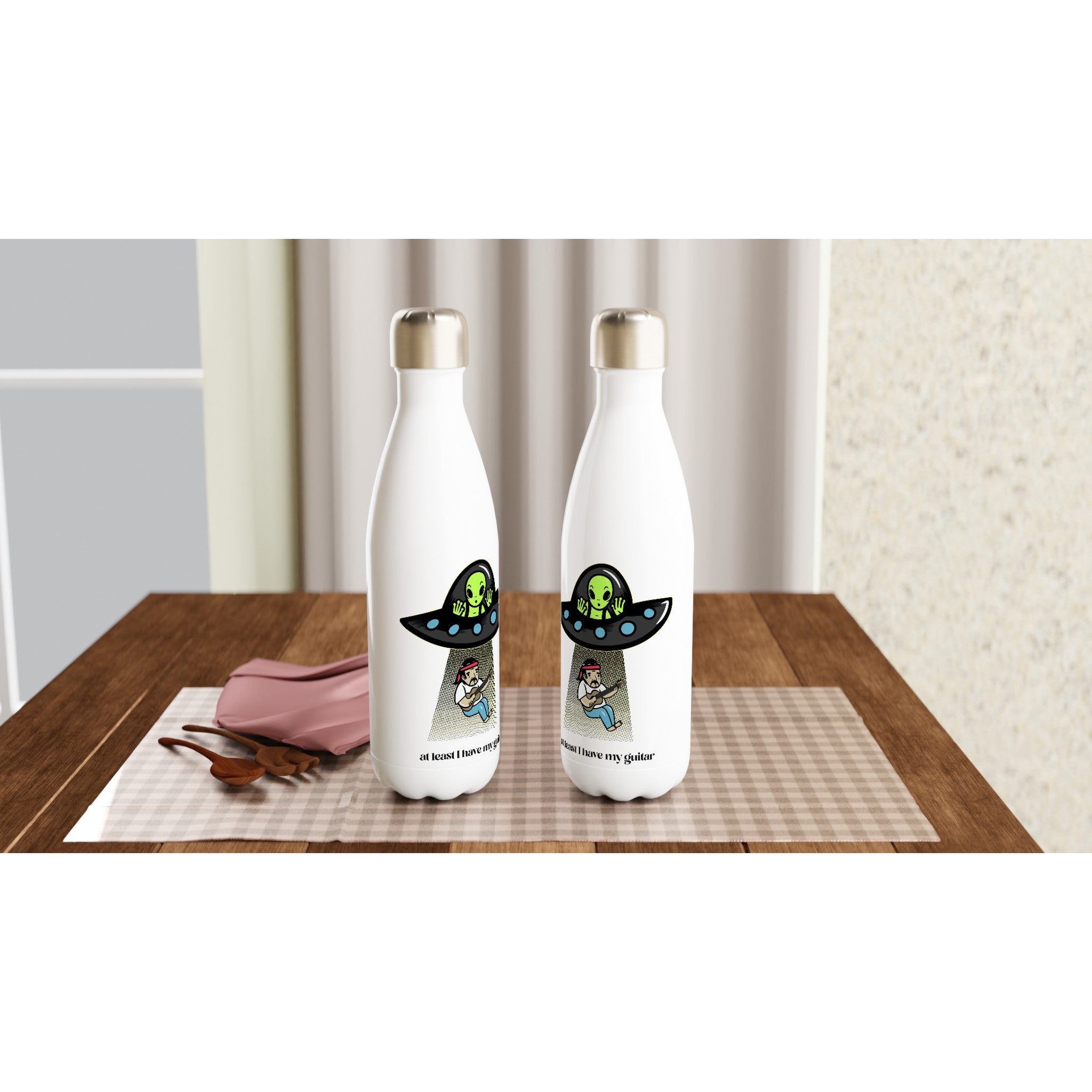 Guitarist Alien Abduction - White 17oz Stainless Steel Water Bottle White Water Bottle Globally Fulfilled Music Sci Fi