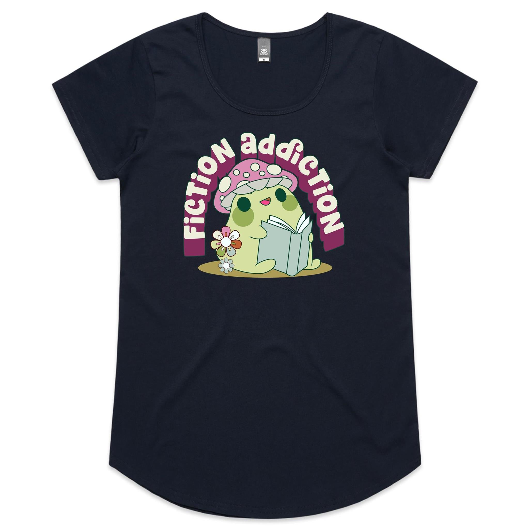 Fiction Addiction - Womens Scoop Neck T-Shirt Navy Womens Scoop Neck T-shirt Printed In Australia Reading