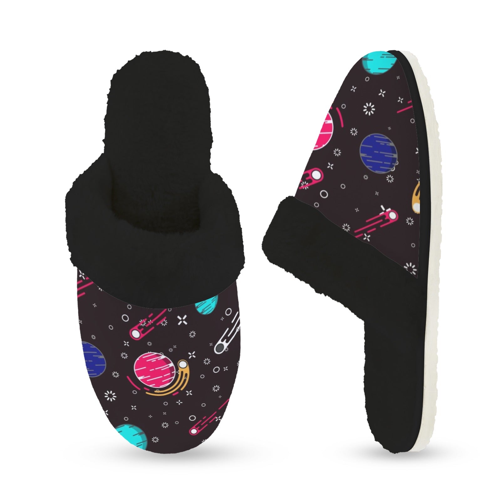 Planet Orbit Women's Fur Trim Thick-Sole Indoor Slippers Women's Fur Trimmed Slippers Printed Offshore Space