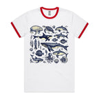 Sea Creatures - Staple Ringer Tee White Red Ringer T-Shirt animal Printed In Australia