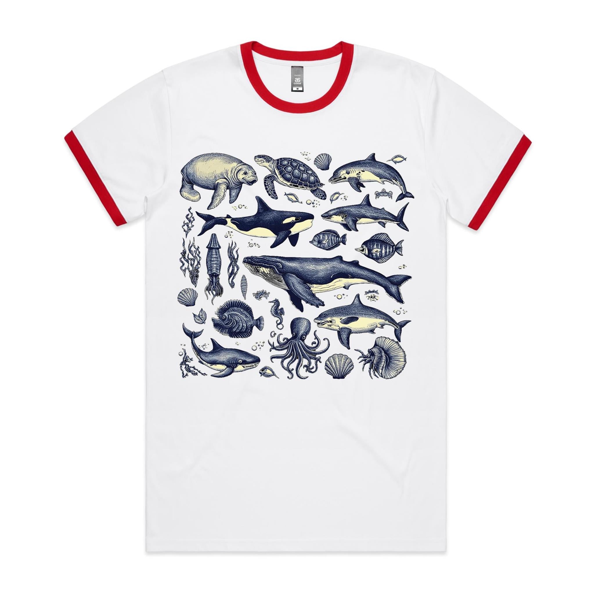 Sea Creatures - Staple Ringer Tee White Red Ringer T-Shirt animal Printed In Australia