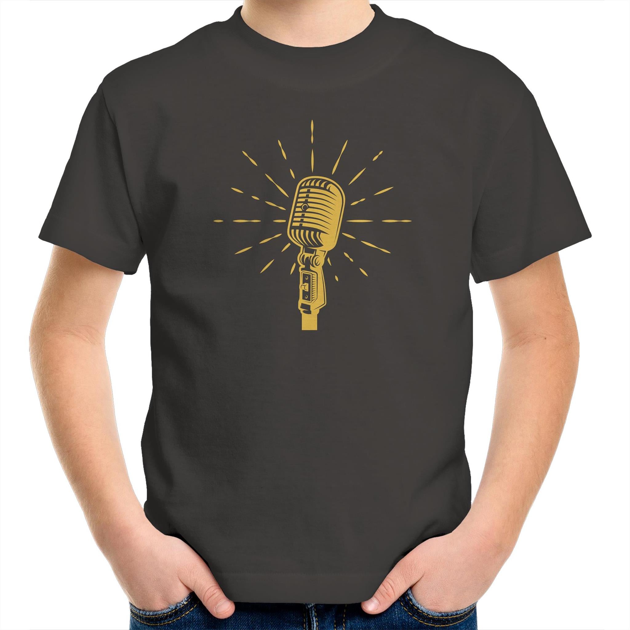 Retro Microphone - Kids Youth T-Shirt Charcoal Kids Youth T-shirt Music Printed In Australia Retro
