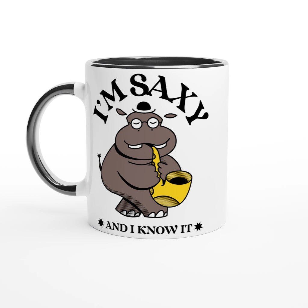 I'm Saxy And I Know It, Saxophone Hippo - White 11oz Ceramic Mug with Colour Inside Ceramic Black Colour 11oz Mug animal Globally Fulfilled Music