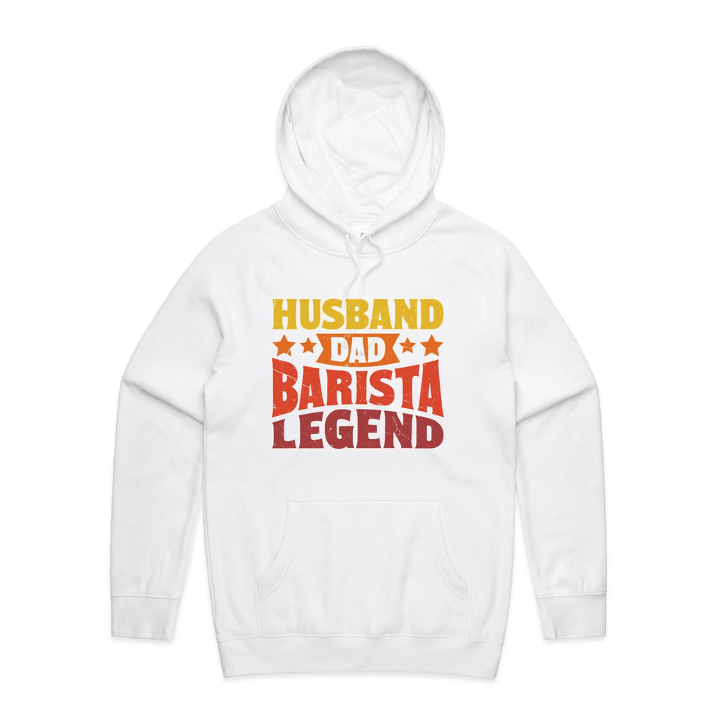 Husband, Dad Barista, Legend Men's AS Colour Hoodie White Mens Hoodie Coffee Dad Printed In Australia