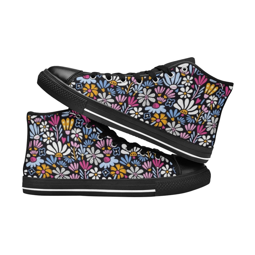 Graphic Flowers On Black Women's High Top Canvas Shoes Womens Classic High Top Shoes Plants Printed Offshore