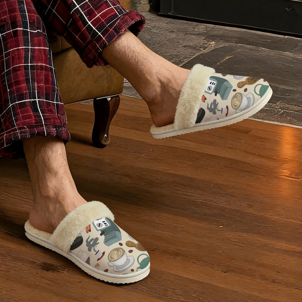 All The Coffee Men's Fur Trim Thick-Sole Indoor Slippers Men's Fur Trimmed Slippers Coffee Printed Offshore