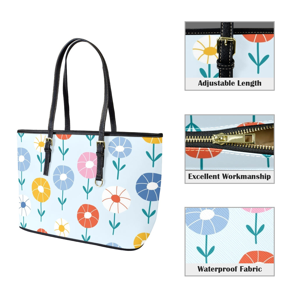 Abstract Cute Flowers PU Leather Tote Bag Large