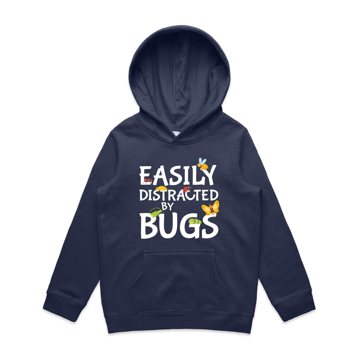 Easily Distracted By Bugs Kids AS Colour Hoodie Midnight Blue Kids Hoodie Printed In Australia