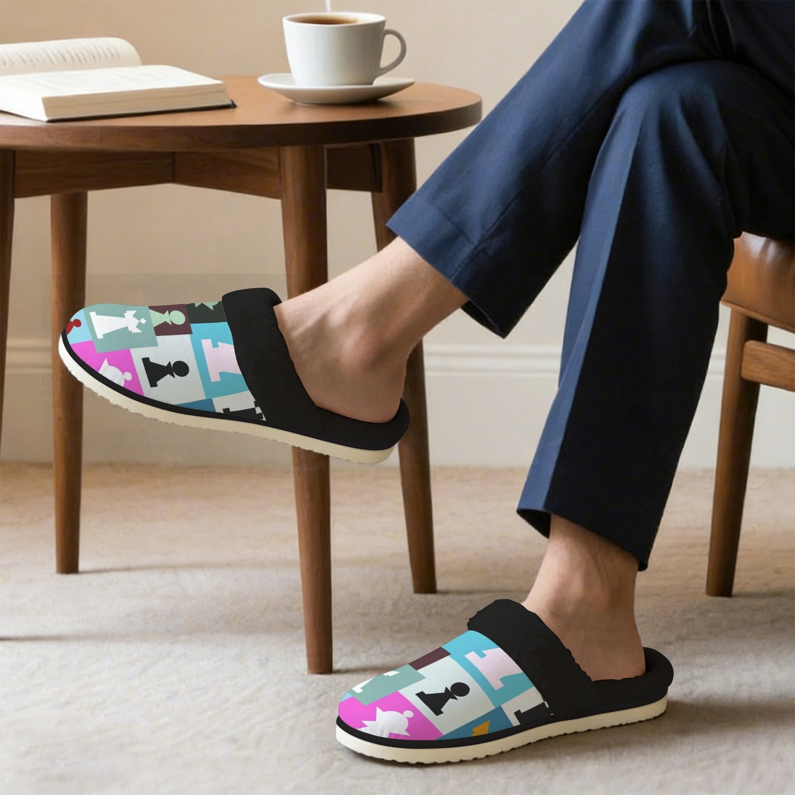 Colourful Chess Men's Fur Trim Thick-Sole Indoor Slippers Men's Fur Trimmed Slippers Chess Games Printed Offshore