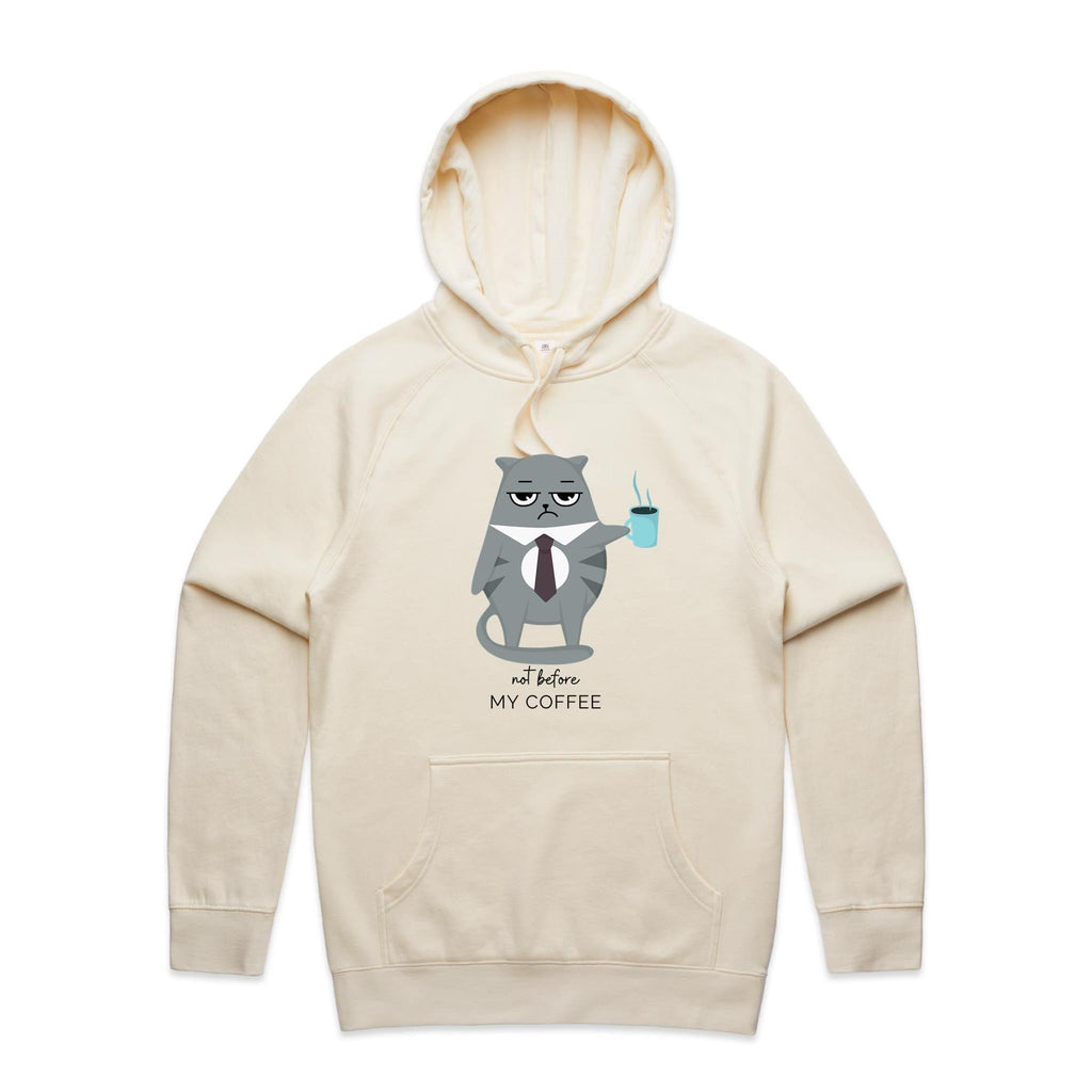Cranky Cat, Not Before My Coffee - Mens Hoodie Ecru Mens Hoodie animal Coffee Printed In Australia
