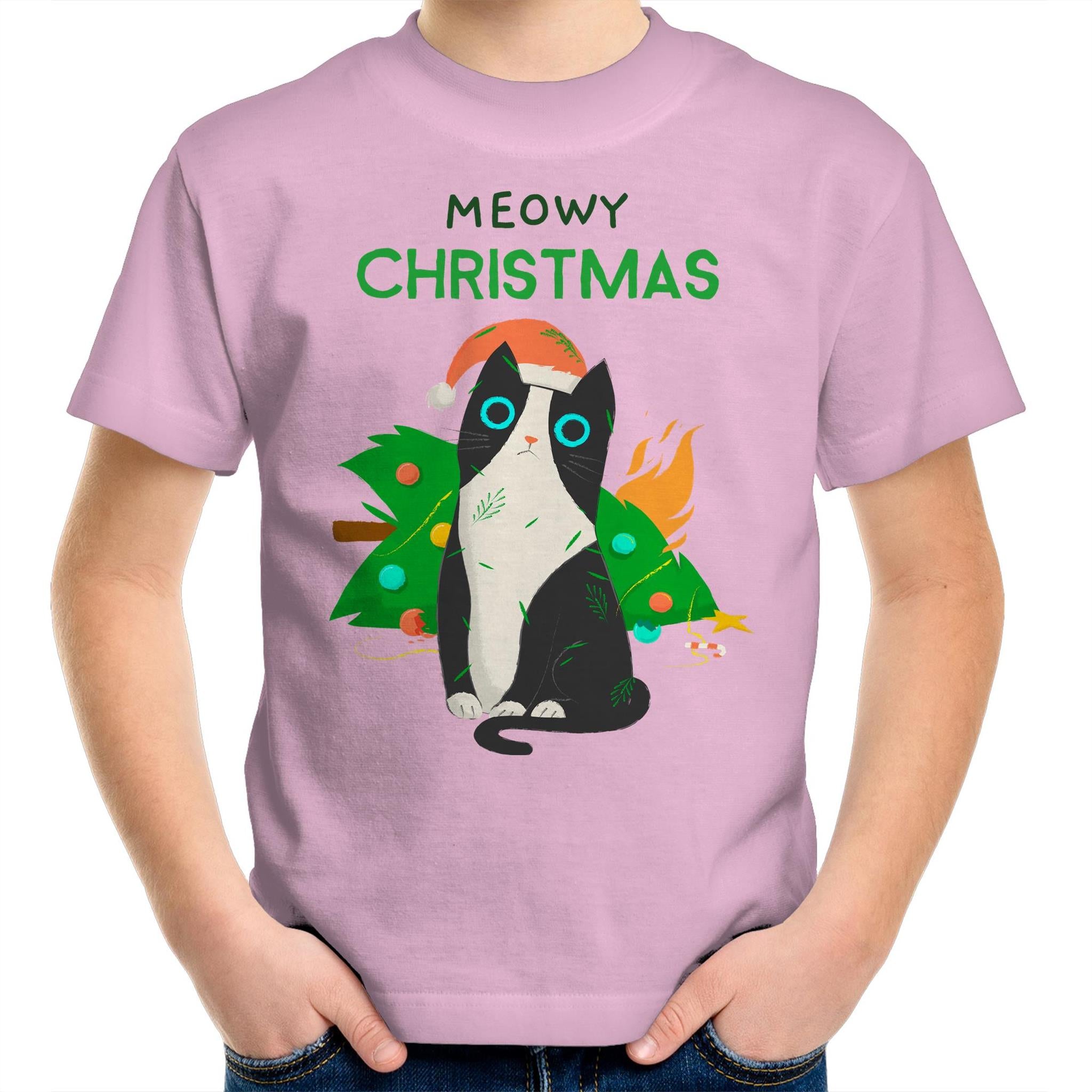 Meowy Christmas - Kids Youth T-Shirt Pink Kids Christmas T-shirt Christmas Printed In Australia