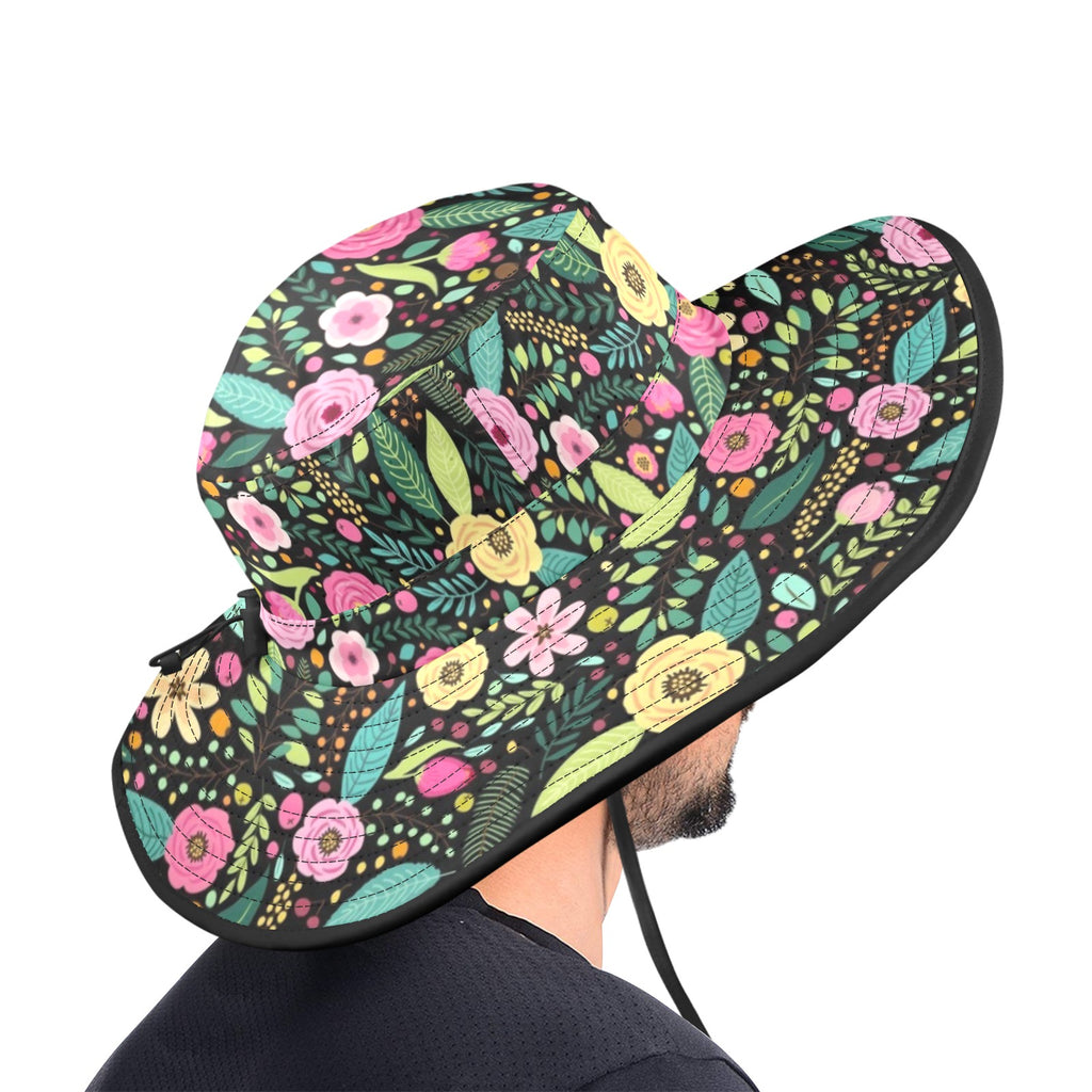 Bright Floral And Leaves Wide Brim Bucket Hat Wide Brim Bucket Hat Plants Printed Offshore