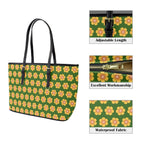 Yellow Flowers On Green PU Leather Tote Bag Large