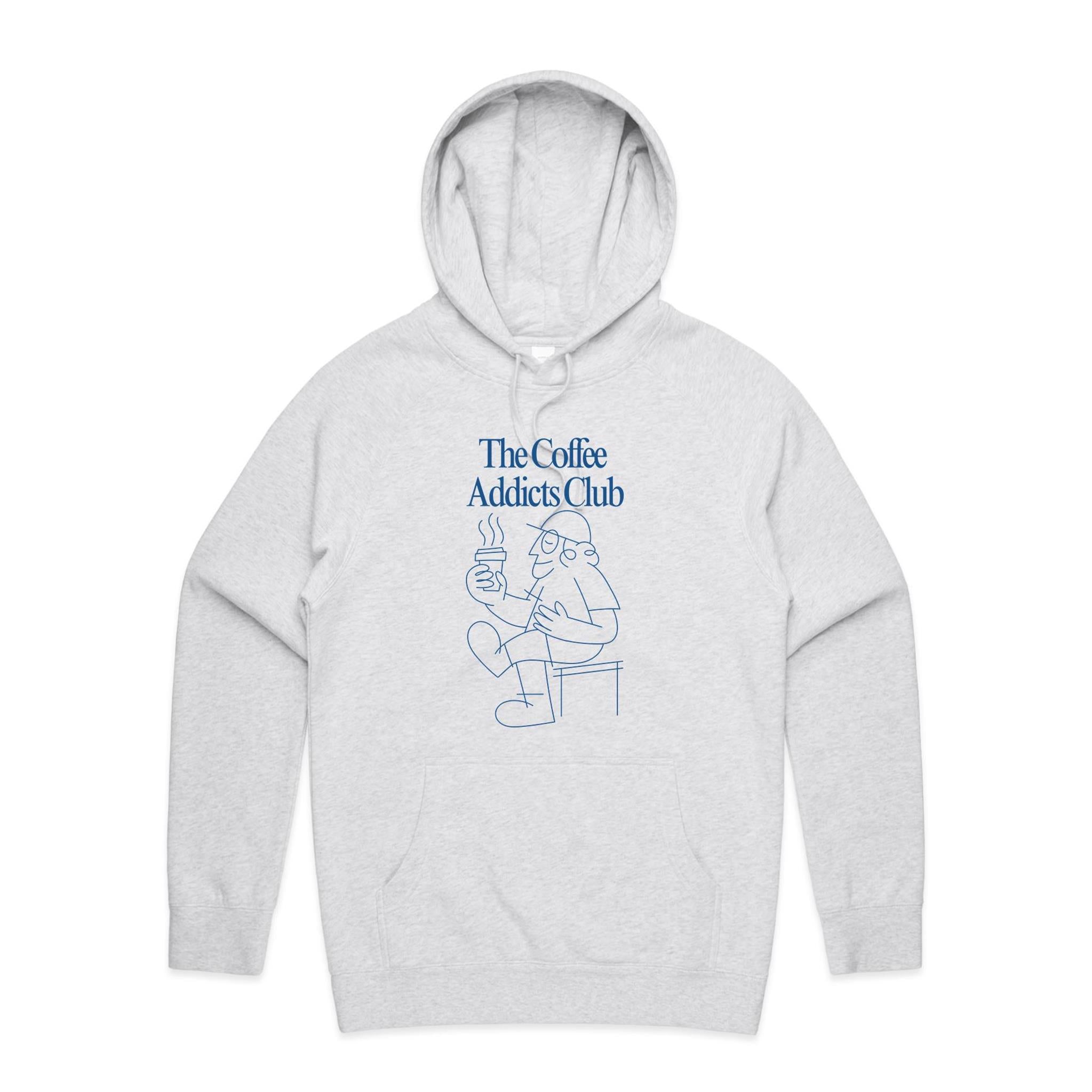 The Coffee Addicts Club - Mens Hoodie White Marle Mens Hoodie Coffee Printed In Australia