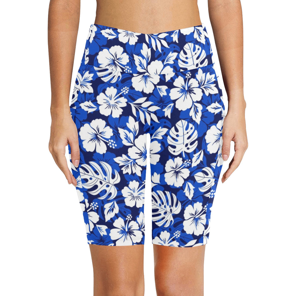 Blue Hawaiian Floral Women's Bike Shorts With Side Pockets Women's Bike Shorts Plants Printed Offshore