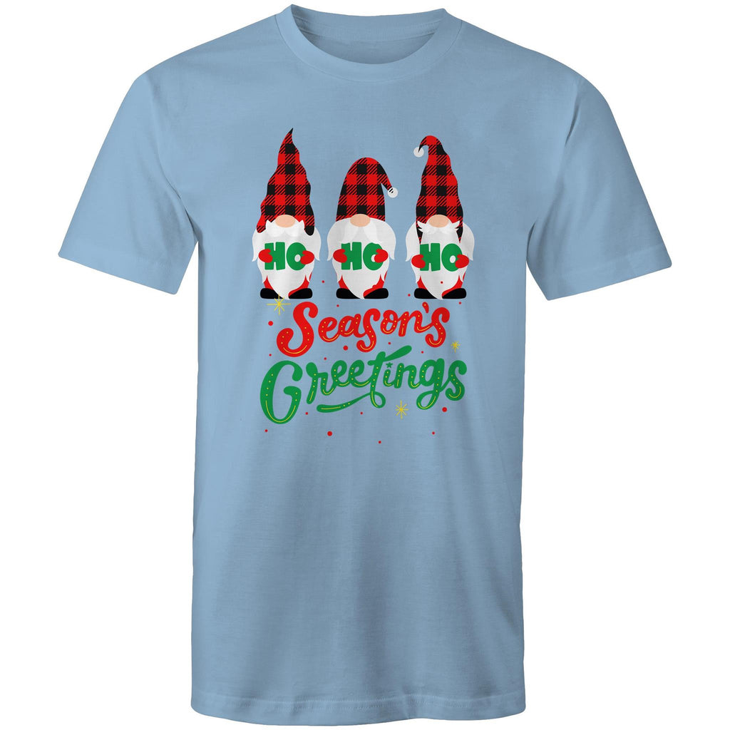 Christmas Gnomes Seasons Greetings - Mens T-Shirt Carolina Blue Mens Christmas T-shirt Christmas Printed In Australia