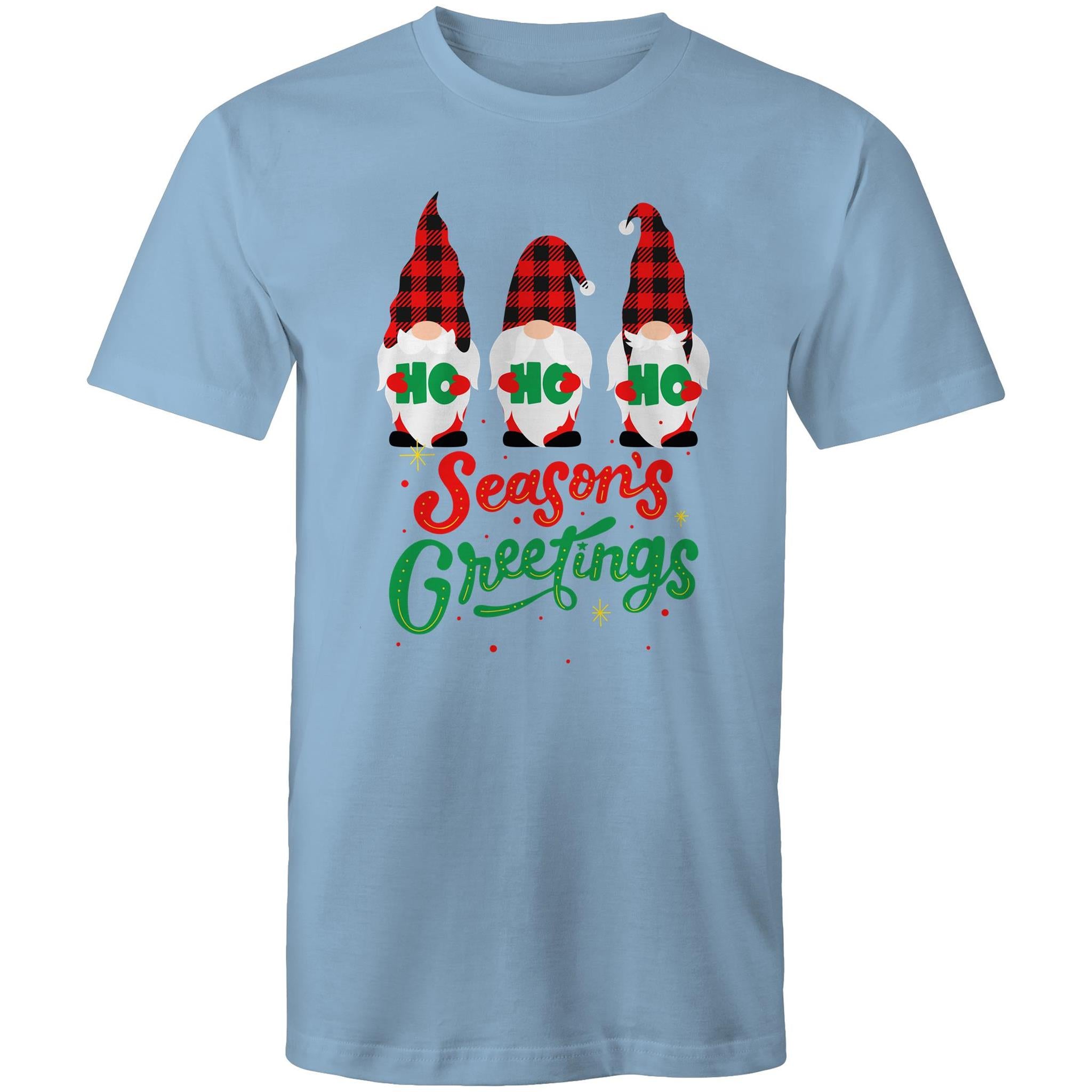 Christmas Gnomes Seasons Greetings - Mens T-Shirt Carolina Blue Mens Christmas T-shirt Christmas Printed In Australia