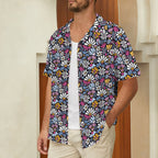 Graphic Flowers On Black Large MMen's Short Sleeve Hawaiian Shirt Men's Hawaiian Shirt (New) Plants Printed Offshore