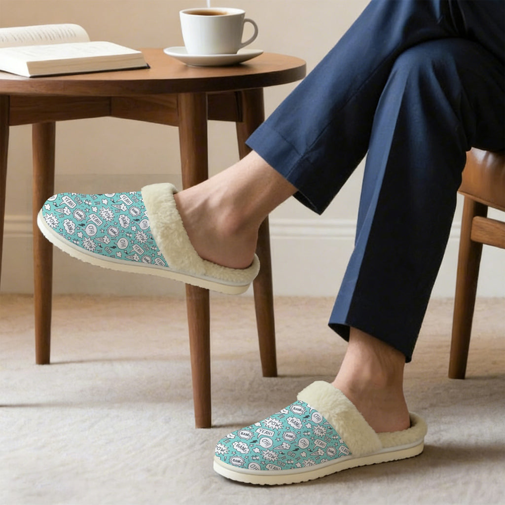 Comic Book Speech Bubbles Men's Fur Trim Thick-Sole Indoor Slippers Men's Fur Trimmed Slippers comic Printed Offshore