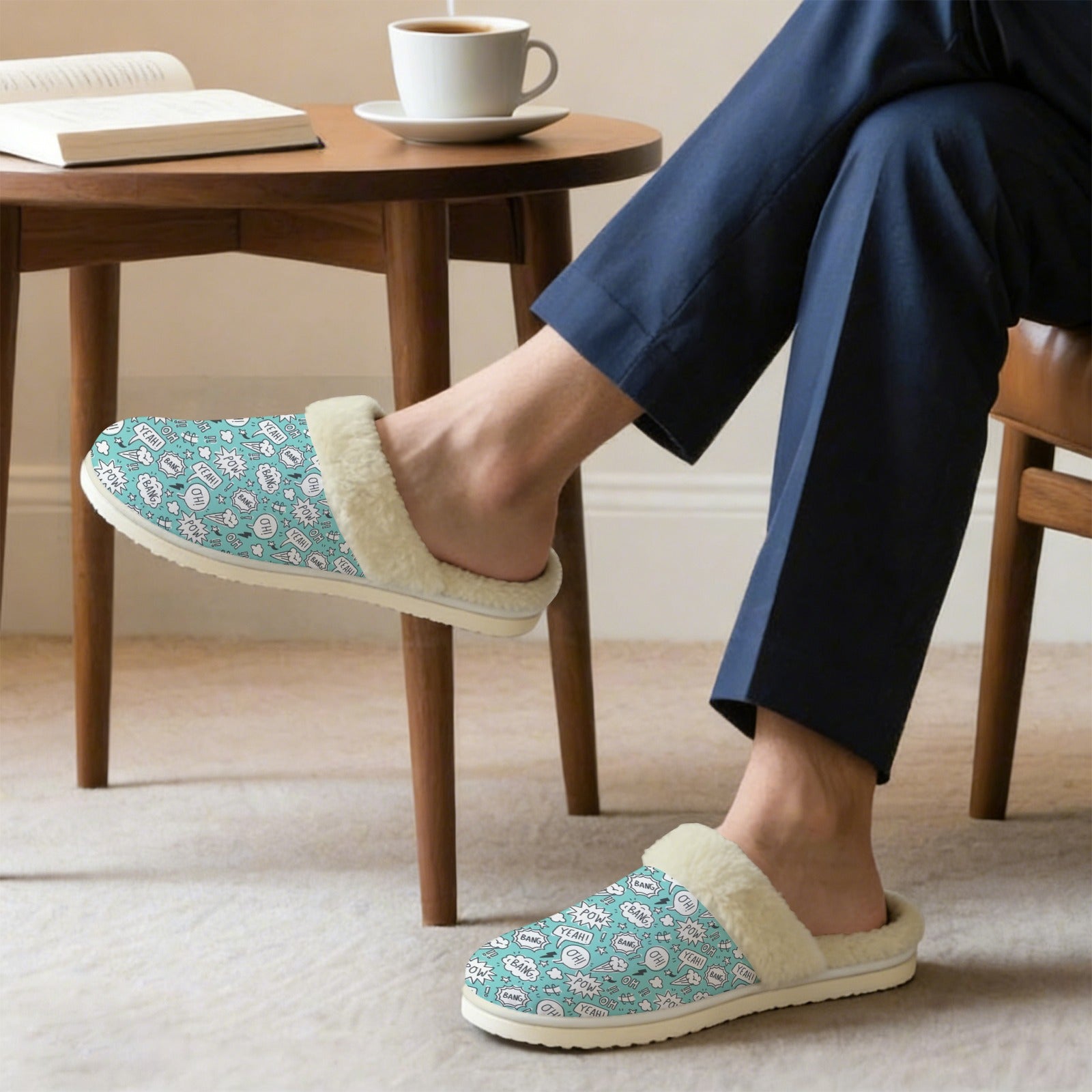 Comic Book Speech Bubbles Men's Fur Trim Thick-Sole Indoor Slippers Men's Fur Trimmed Slippers comic Printed Offshore