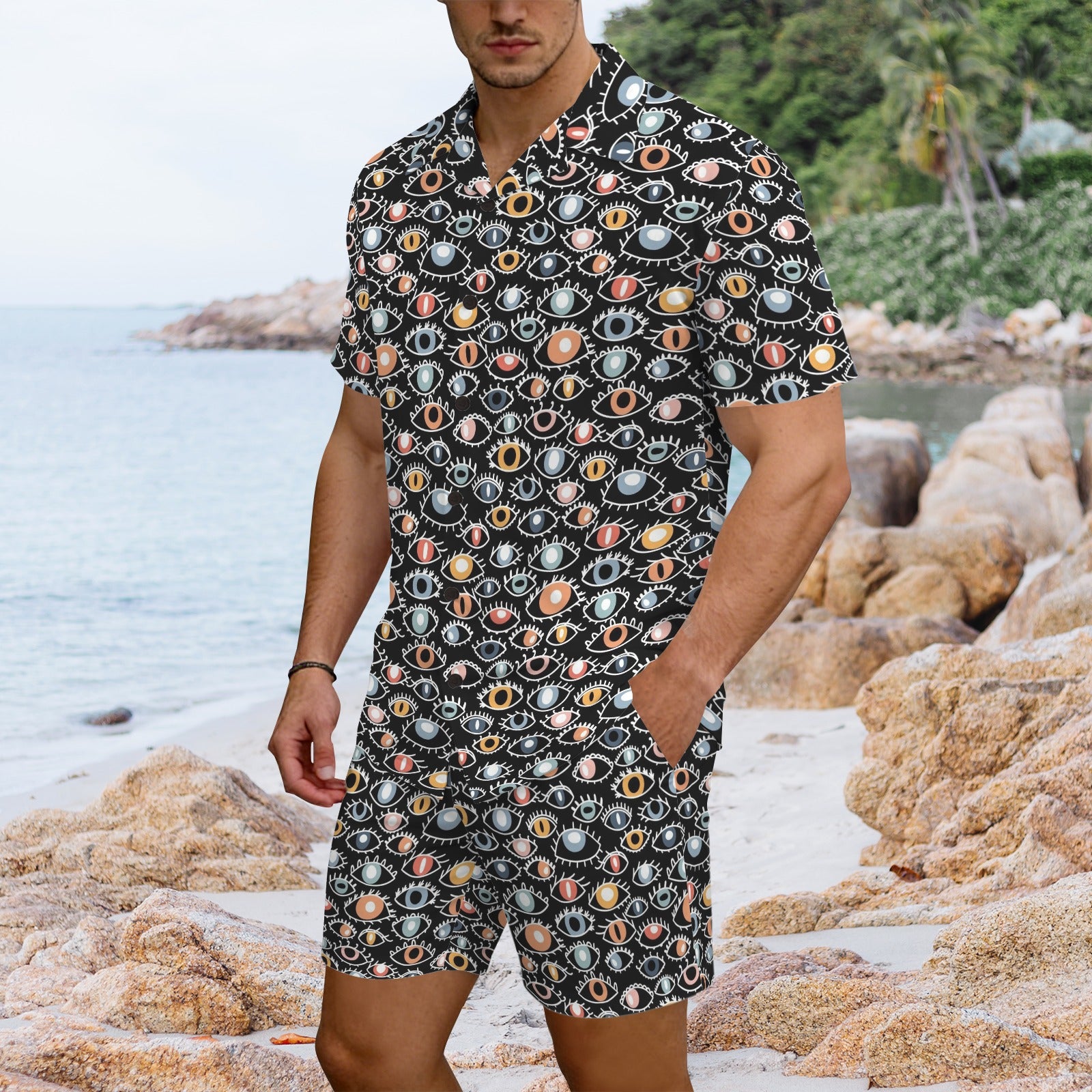 Eyes On Black Men's Hawaiian Shirt & Shorts Set Men's Hawaiian Shirt & Shorts Set Printed Offshore