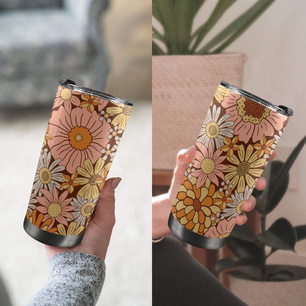 Orange Retro Floral 20oz Mobile Tumbler with Lid (Black Lock) 20oz Travel Mug Plants Printed Offshore