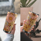 Orange Retro Floral 20oz Mobile Tumbler with Lid (Black Lock) 20oz Travel Mug Plants Printed Offshore