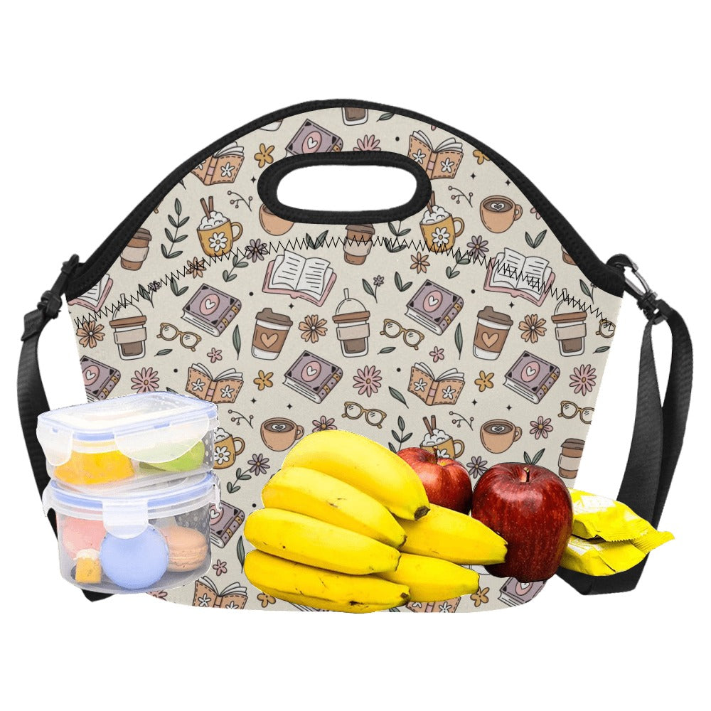Books And Coffee Neoprene Lunch Bag/Large (Model 1669) Neoprene Lunch Bag Coffee Printed Offshore Reading