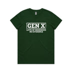 Gen X, Lots Of Memories, No Evidence Women's AS Colour T-shirt Forest Green Womens T-shirt Printed In Australia