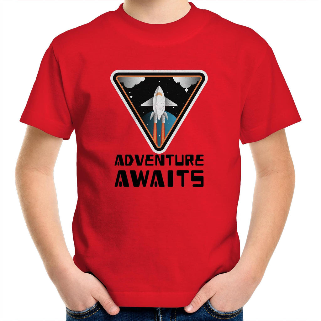 Adventure Awaits, Spaceship - Kids Youth T-Shirt Red Kids Youth T-shirt Printed In Australia Space