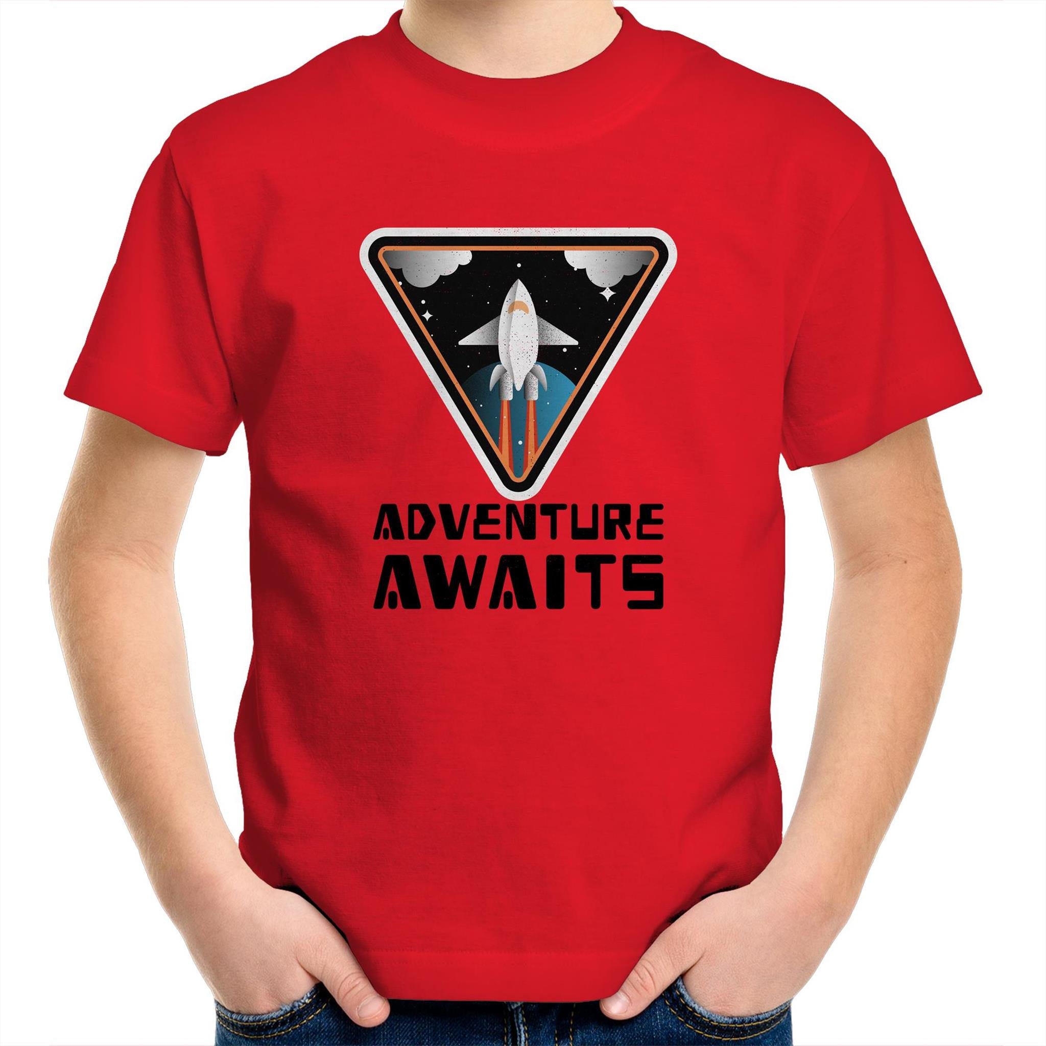 Adventure Awaits, Spaceship - Kids Youth T-Shirt Red Kids Youth T-shirt Printed In Australia Space